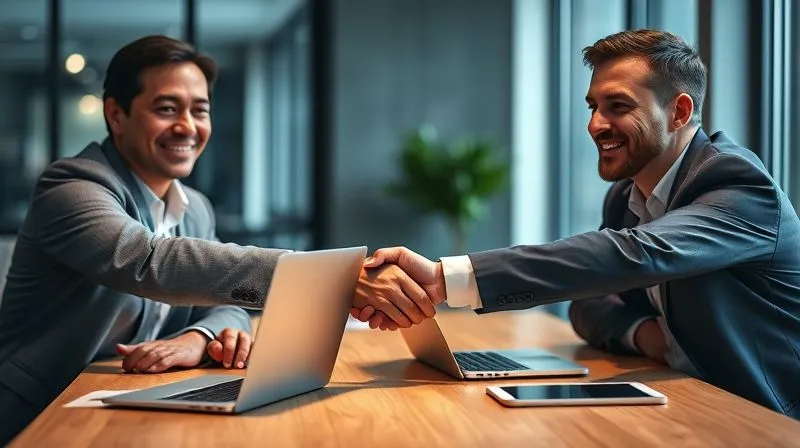 A photorealistic image of two business professionals, a freelance copywriter and a client, shaking hands across a table with a laptop displaying positive growth charts. Their expressions are confident and collaborative, symbolizing trust and successful partnership. Cinematic lighting, sharp focus on the handshake and laptop, depth of field blurring the background. 8K hyper-detailed, professional photography, shot on a high-end DSLR.