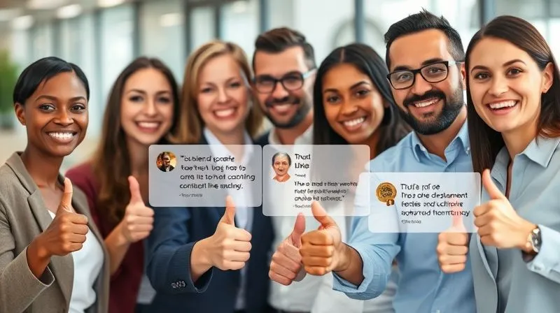 A photorealistic image of a diverse group of business professionals smiling and giving a thumbs-up, with subtle overlays of customer testimonial quotes and trust badges. Cinematic lighting, sharp focus on the faces, depth of field blurring a modern office background, 8K hyper-detailed, professional photography, shot on a high-end DSLR.