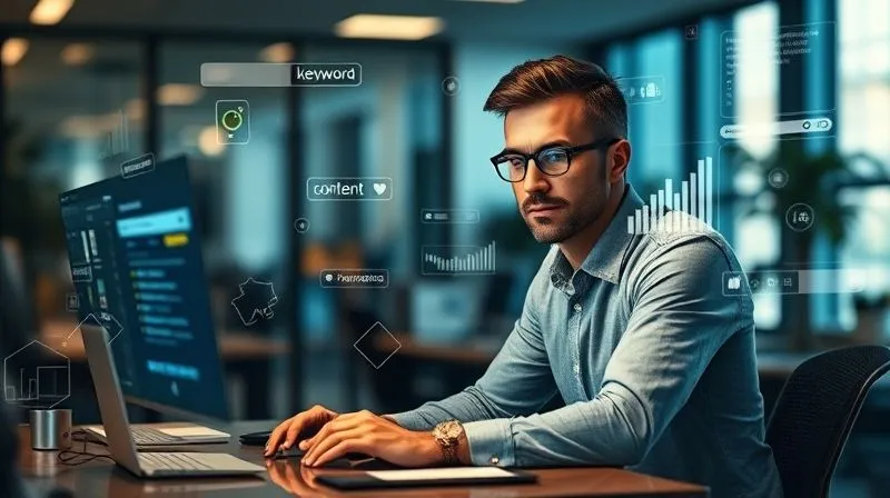 A photorealistic image of a person at a desk, surrounded by floating digital elements representing keywords, search bar, and content metrics, with a focused expression, as if crafting a perfectly optimized and persuasive piece of text. Cinematic lighting, sharp focus on the person and the screen, depth of field blurring a modern office, 8K hyper-detailed, professional photography, shot on a high-end DSLR.
