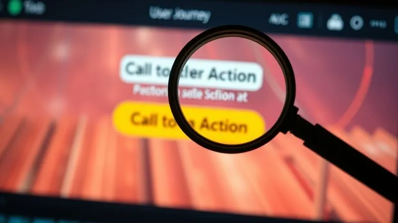 A photorealistic, professional photography shot of a magnifying glass hovering over a vibrant, clear call-to-action button on a website interface, with cinematic lighting emphasizing the button and surrounding text. The background shows a blurred user journey path on a screen, 8K hyper-detailed, sharp focus on the button.
