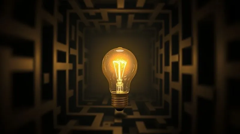 A photorealistic, professional photography image of a lightbulb illuminating inside a complex, dark maze, symbolizing clarity and solution. Cinematic lighting, sharp focus on the lightbulb and its glow, depth of field blurring the maze walls, 8K hyper-detailed.