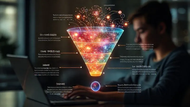 A photorealistic image of a vibrant, interconnected funnel diagram, with different types of content (blog posts, webinars, testimonials) flowing through each stage (awareness, consideration, decision). The funnel is glowing with digital light, set against a blurred background of a person learning on a laptop. Cinematic lighting, sharp focus, depth of field. 8K hyper-detailed, professional photography, shot on a high-end DSLR.