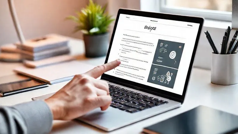 A photorealistic image of a neatly organized desk with a laptop displaying a blog post with clear headings, bullet points, and an embedded infographic. A hand is pointing at a key section on the screen. Cinematic lighting, sharp focus on the screen and hand, depth of field blurring the background. 8K hyper-detailed, professional photography, shot on a high-end DSLR.