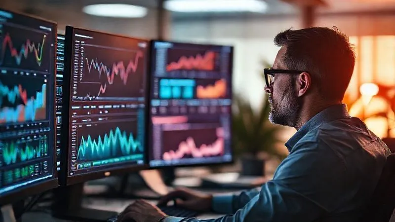 A photorealistic image of a professional data analyst looking intently at multiple computer screens displaying complex graphs, charts, and conversion funnels. The atmosphere is focused and analytical, with subtle cinematic lighting highlighting the screens and the analyst's face. Sharp focus on the data, depth of field blurring the office background. 8K hyper-detailed, professional photography, shot on a high-end DSLR.