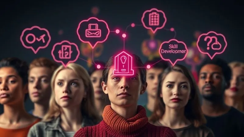 A photorealistic image of a diverse group of people, each represented by a thought bubble above their head containing distinct icons or keywords like 'time management', 'career growth', 'financial freedom', 'skill development', symbolizing different pain points and aspirations. The people are subtly connected by glowing lines to a central, abstract digital product icon, representing a unified solution. Cinematic lighting, sharp focus on the thought bubbles and connections, depth of field blurring the background, 8K hyper-detailed, professional photography, shot on a high-end DSLR.