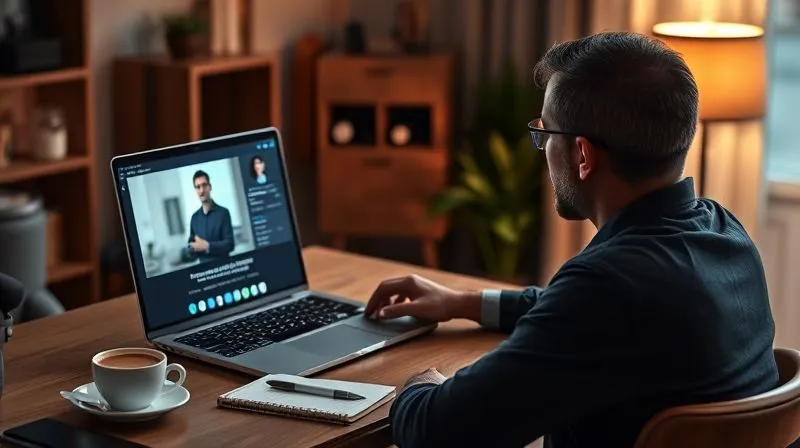 A photorealistic image of a person sitting comfortably at a desk, intently focused on a laptop screen displaying a live webinar or online course interface. The screen shows a speaker presenting engaging content with subtle data visualizations. The room is softly lit with warm, cinematic lighting, and the background is slightly blurred to emphasize the viewer's immersion. A cup of coffee and a notebook are on the desk. 8K hyper-detailed, professional photography, shot on a high-end DSLR.