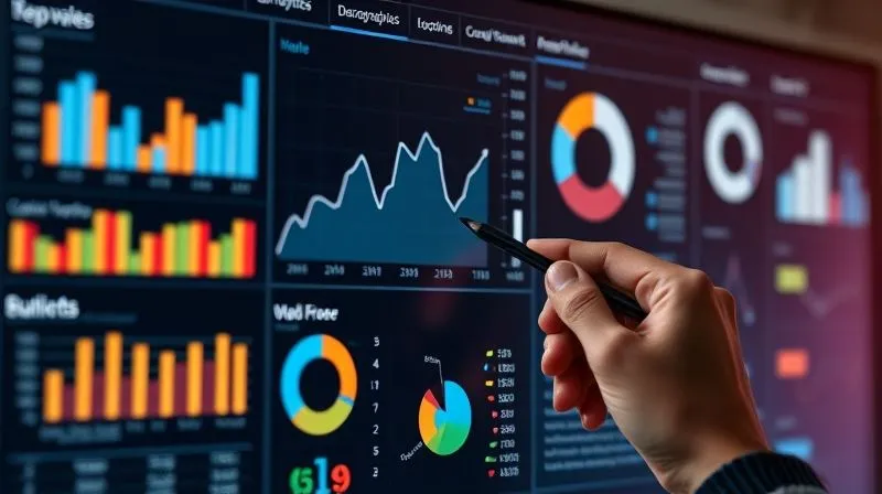 A photorealistic image of a sophisticated digital dashboard displaying various marketing analytics metrics: bar charts showing conversion rates, line graphs indicating website traffic over time, pie charts for audience demographics, and highlighted key performance indicators (KPIs) like 'Sales Revenue' and 'Lead Generation'. The screen has a subtle glow, and a hand with a stylus is interacting with a touch-screen element. Cinematic lighting, sharp focus on the data visualizations, depth of field blurring the background, 8K hyper-detailed, professional photography, shot on a high-end DSLR.