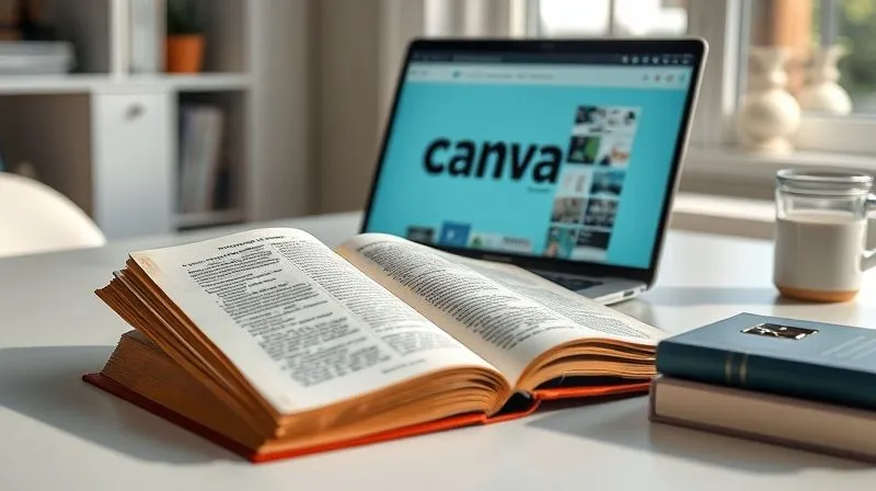 A photorealistic image of a vintage design textbook open on a clean, modern desk with a laptop displaying Canva, illustrating the blend of foundational knowledge with modern tools. Soft, natural light illuminates the scene, with a sharp focus on the book and screen. 8K hyper-detailed, professional photography, shot on a high-end DSLR.
