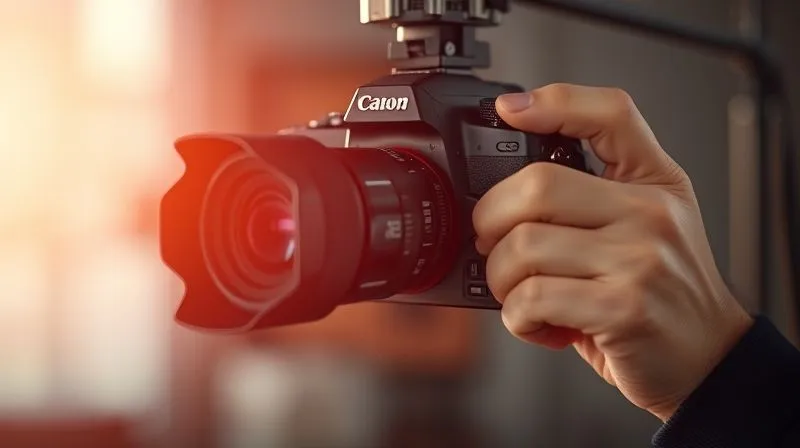 A photorealistic image of a professional photographer's hand holding a high-end DSLR camera, capturing a unique, artistic shot of a product in a studio setting. The background is softly blurred, emphasizing the bespoke nature of original content creation. Cinematic lighting, sharp focus on the camera and product. 8K hyper-detailed, professional photography, shot on a high-end DSLR.