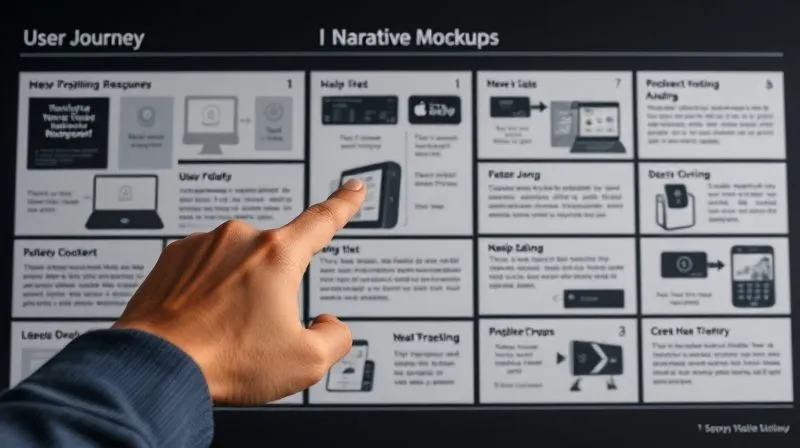 A photorealistic image of a storyboard with digital mockups arranged in a narrative sequence, showing a user journey from problem to solution. The designer's hand points to a key moment, cinematic lighting, sharp focus, 8K hyper-detailed.