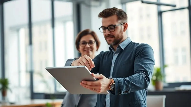 A photorealistic image of a designer and a client collaborating on a digital mockup on a tablet, with a handshake in the background, symbolizing partnership and trust. Bright, modern office environment, cinematic lighting, sharp focus, 8K hyper-detailed.