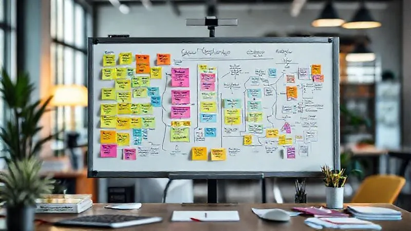 A photorealistic, professional photography of a modern freelancer's desk with a whiteboard covered in colorful sticky notes and flowcharts, illustrating a complex workflow being simplified. Cinematic lighting, sharp focus on the whiteboard, depth of field blurring a stylish office background. 8K hyper-detailed, shot on a high-end DSLR.