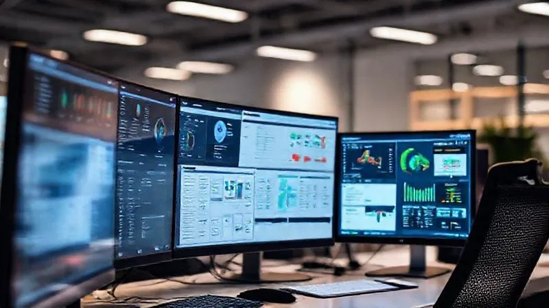 A photorealistic image of a sleek, modern workstation with multiple screens displaying various project management, CRM, and automation software interfaces seamlessly integrated. Cinematic lighting, sharp focus on the digital interfaces, depth of field blurring the background of a productive, minimalist office. 8K hyper-detailed, professional photography, shot on a high-end DSLR.