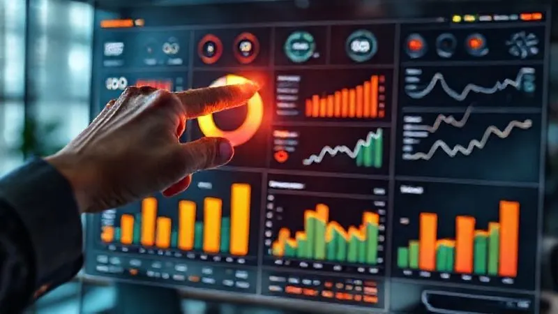 A photorealistic, professional photography of a freelancer's hand pointing at a dynamic, glowing dashboard displaying various KPIs like project completion rates, client satisfaction scores, and revenue growth charts. Cinematic lighting, sharp focus on the data visualization, depth of field blurring a modern office background. 8K hyper-detailed, professional photography, shot on a high-end DSLR.