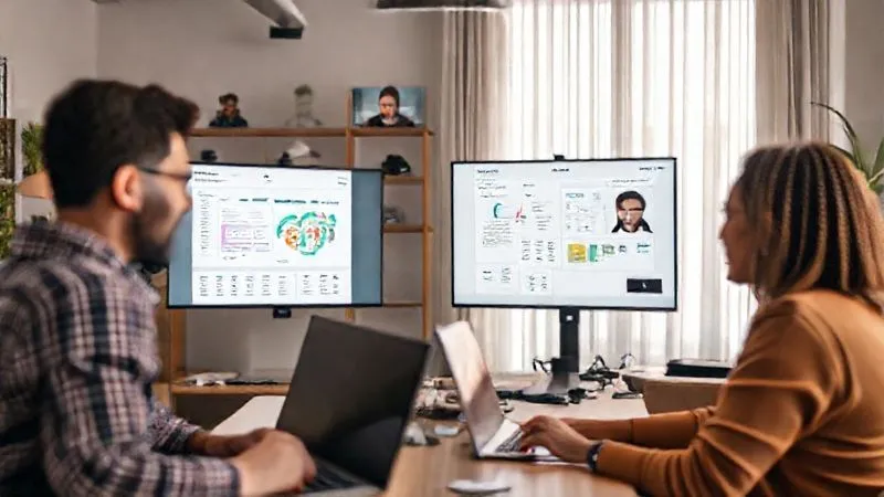 A photorealistic image of a diverse group of professional freelancers collaborating virtually on a video call, each in their own modern home office setting, with a shared project dashboard visible on screens. Cinematic lighting, sharp focus on the engaged faces and digital collaboration, depth of field blurring individual backgrounds slightly. 8K hyper-detailed, professional photography, shot on a high-end DSLR.