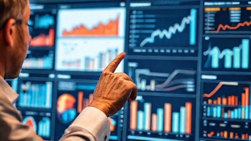 A photorealistic image of a consultant meticulously analyzing a digital dashboard filled with charts and graphs, representing customer feedback and market research data. The consultant is pointing at a specific data point, indicating a key insight. Cinematic lighting, sharp focus on the data visualization, depth of field blurring the background, 8K hyper-detailed, professional photography, shot on a high-end DSLR.