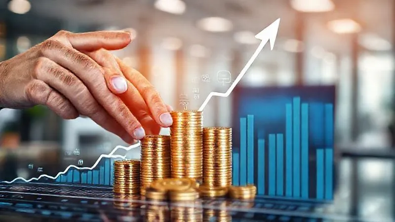 A photorealistic image of a financial graph showing a sharp upward trend, overlaid with digital product icons. Hands are carefully placing coins on the graph, symbolizing strategic investment and growth. Cinematic lighting, sharp focus on the financial data and coins, depth of field blurring a modern office background, 8K hyper-detailed, professional photography, shot on a high-end DSLR.