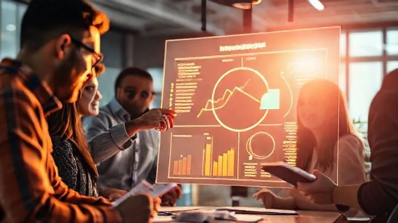 A photorealistic image of diverse people collaborating around a glowing infographic showing a feedback loop and continuous improvement cycle. One person is pointing at a metric, while another is taking notes. Cinematic lighting, sharp focus on the group's interaction and the infographic, depth of field blurring a modern, collaborative workspace, 8K hyper-detailed, professional photography, shot on a high-end DSLR.