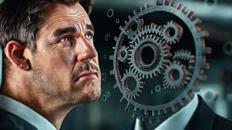 A photorealistic image of a business person with a thoughtful expression, looking at a complex problem visualized as interconnected gears, with a clear solution path emerging. Cinematic lighting, sharp focus, 8K hyper-detailed.