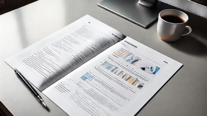 A photorealistic image of a meticulously organized business proposal document open on a sleek desk, with a pen and a cup of coffee. The document has clear headings, charts, and a professional layout, conveying clarity and expertise. Cinematic lighting, sharp focus on the document, 8K hyper-detailed.