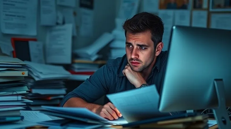 A photorealistic image of a stressed freelancer sitting at a desk late at night, surrounded by overflowing paperwork and multiple open browser tabs, their face illuminated by the computer screen. Cinematic lighting, sharp focus on the freelancer's tired expression, depth of field blurring the chaotic background, 8K hyper-detailed, professional photography, shot on a high-end DSLR.