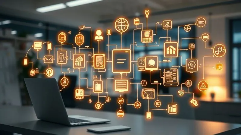 A photorealistic intricate diagram showing a complex workflow automation, with various digital tools represented by glowing icons connected by lines of light, flowing seamlessly from one stage to the next. The background is a clean, modern office desk with a laptop, cinematic lighting, sharp focus on the diagram, depth of field blurring the office, 8K hyper-detailed, professional photography, shot on a high-end DSLR.