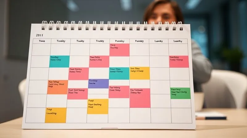 A photorealistic image of a highly organized weekly planner or calendar, with color-coded blocks for different tasks like 'Client Work', 'Passive Income Project', 'Personal Time', and 'Learning'. The background is a clean, minimalist desk with a focused, determined person faintly blurred in the background, cinematic lighting, sharp focus on the planner, depth of field blurring the background, 8K hyper-detailed, professional photography, shot on a high-end DSLR.