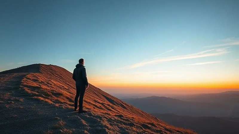 A photorealistic image of a lone figure standing at the base of a gently sloping hill, looking up at the summit with determination. The path ahead is clear but requires effort. The sky is a hopeful dawn, cinematic lighting, sharp focus on the determined figure, depth of field blurring the distant horizon, 8K hyper-detailed, professional photography, shot on a high-end DSLR.