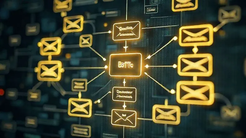A photorealistic image of a complex but elegant digital flowchart, with glowing nodes representing different email stages and arrows indicating user paths based on behavior. The flow is smooth and optimized, suggesting efficiency and intelligence. Cinematic lighting, sharp focus, depth of field, 8K hyper-detailed, professional photography.