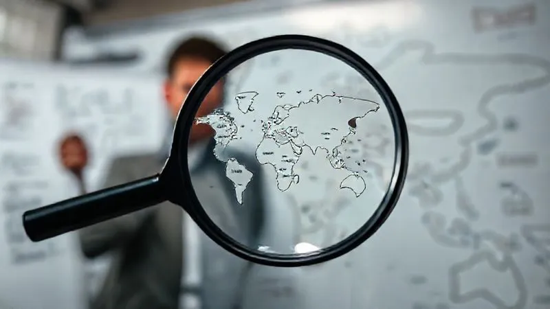 A photorealistic image of a magnifying glass hovering over a world map, highlighting a specific region or industry. In the background, a person is sketching ideas on a whiteboard. Cinematic lighting, sharp focus on the magnifying glass and map, depth of field blurring the background. 8K hyper-detailed, shot on a high-end DSLR.