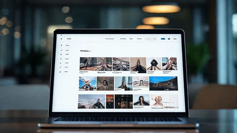 A photorealistic, sleek, and modern digital portfolio displayed on a laptop screen, with clean lines, high-quality project thumbnails, and intuitive navigation. The screen is glowing softly in a dimly lit, professional setting, perhaps with a subtle bokeh effect in the background. Cinematic lighting, sharp focus on the UI elements and project details, depth of field. 8K hyper-detailed, shot on a high-end DSLR.
