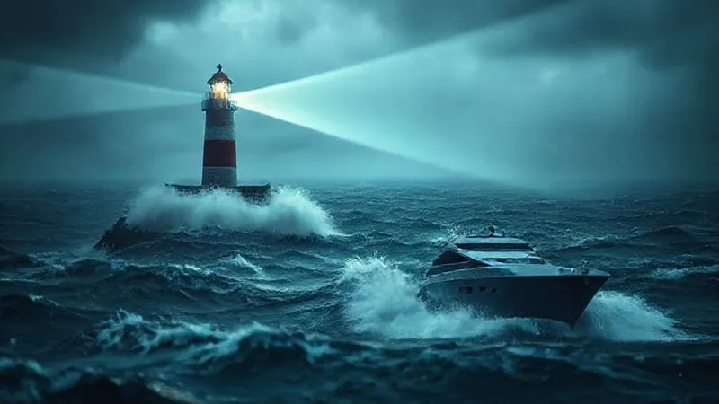 A photorealistic image of a lighthouse emitting a strong, focused beam of light into a stormy sea, guiding a sleek, modern ship. Cinematic lighting, sharp focus on the lighthouse and its beam, depth of field blurring the stormy ocean, 8K hyper-detailed, shot on a high-end DSLR.