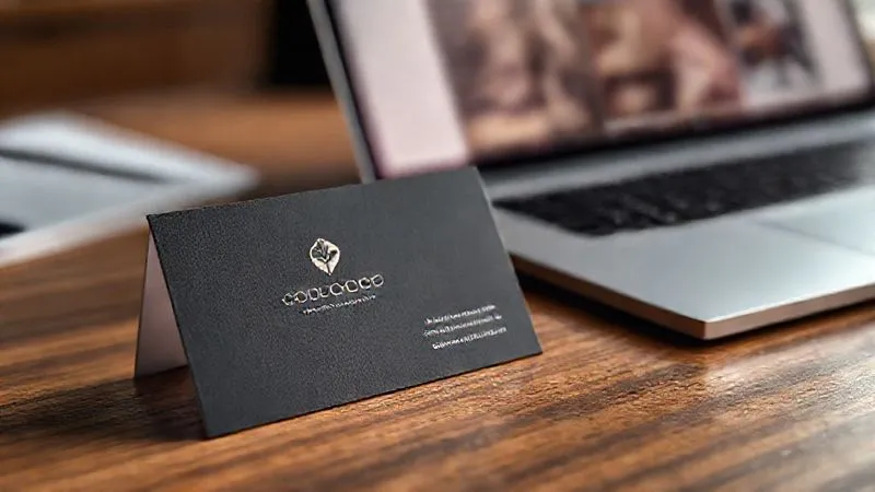 A photorealistic close-up of a meticulously designed business card with elegant typography and a subtle, sophisticated logo, placed on a high-end wooden desk next to a perfectly aligned modern laptop displaying a matching website design. Cinematic lighting, sharp focus on the business card, depth of field blurring the background, 8K hyper-detailed, shot on a high-end DSLR.