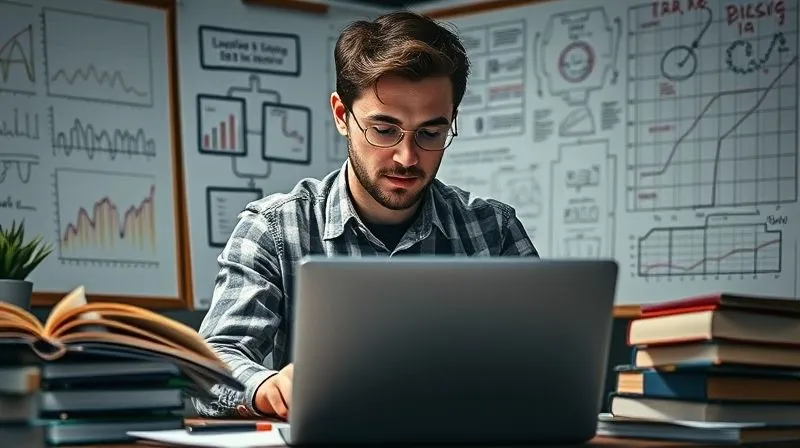 A photorealistic image of a diligent freelancer, a young man, surrounded by open books, a laptop displaying complex data, and a whiteboard covered with detailed diagrams and notes, symbolizing deep learning and skill development. Cinematic lighting, sharp focus on his intense concentration and the tools of knowledge, depth of field blurring the background, 8K hyper-detailed, professional photography, shot on a high-end DSLR.