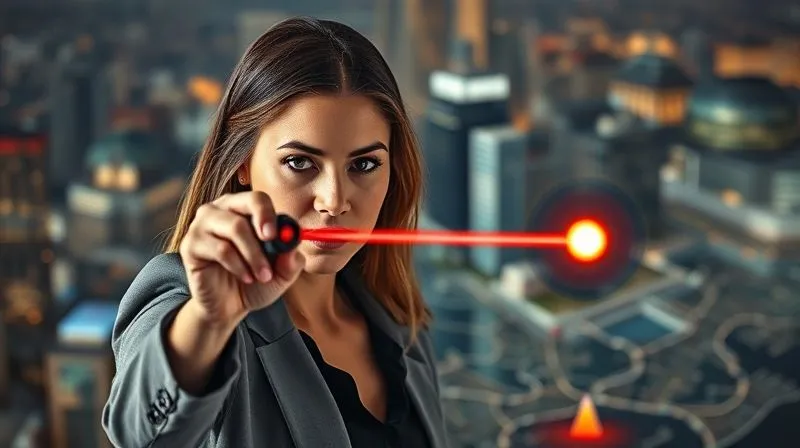 A photorealistic image of a highly focused individual, a female entrepreneur, aiming a laser pointer at a specific, illuminated target on a complex strategic map, representing targeted marketing. The background is a bustling, blurred cityscape. Cinematic lighting, sharp focus on the laser and the target, depth of field blurring the background, 8K hyper-detailed, professional photography, shot on a high-end DSLR.