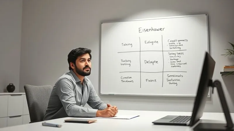 A photorealistic image of a professional freelancer sitting at a clean desk, looking thoughtful with a whiteboard behind them. On the whiteboard, there's a clear diagram of the Eisenhower Matrix, adapted for business tasks, with 'Delegate' highlighted, cinematic lighting, sharp focus, depth of field, 8K hyper-detailed, professional photography, shot on a high-end DSLR.