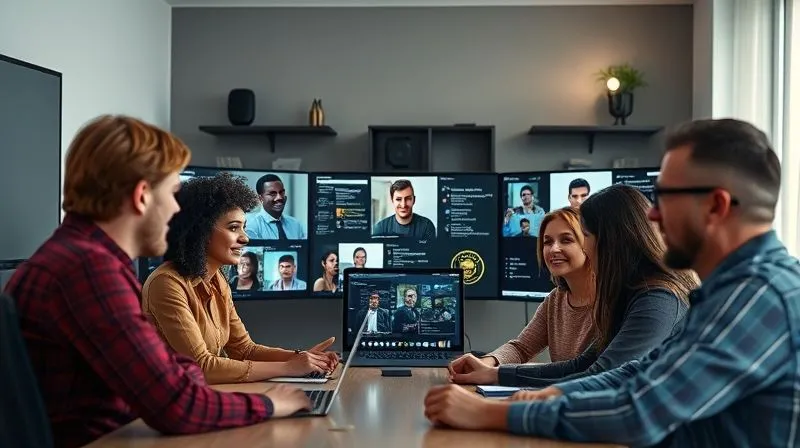 A photorealistic image of a diverse group of remote workers engaged in an online video call, collaborative screen sharing with project management software visible. The atmosphere is professional and engaged, with cinematic lighting, sharp focus on faces and screens, depth of field, 8K hyper-detailed, professional photography, shot on a high-end DSLR.