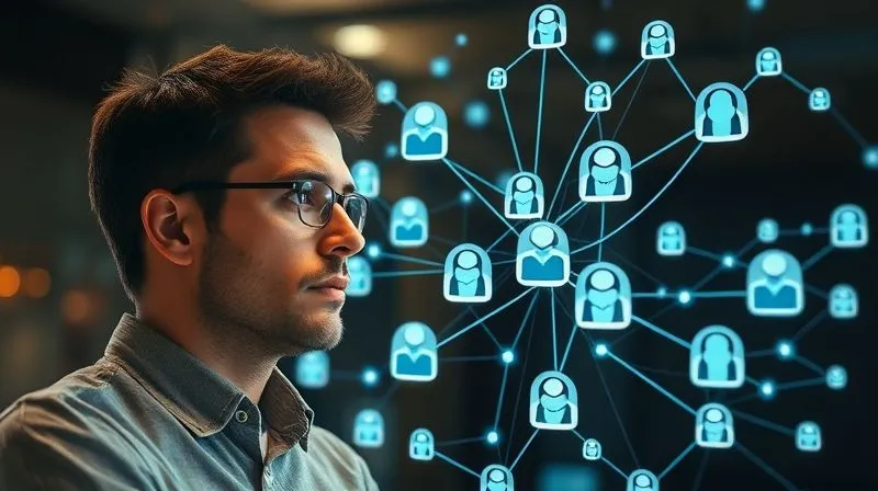 A photorealistic image of a professional freelancer looking thoughtfully at a complex web of interconnected tasks and team members on a holographic display, representing the challenges and solutions of delegation management. The lighting is focused on the freelancer's face, conveying determination and problem-solving, 8K hyper-detailed, professional photography, shot on a high-end DSLR.