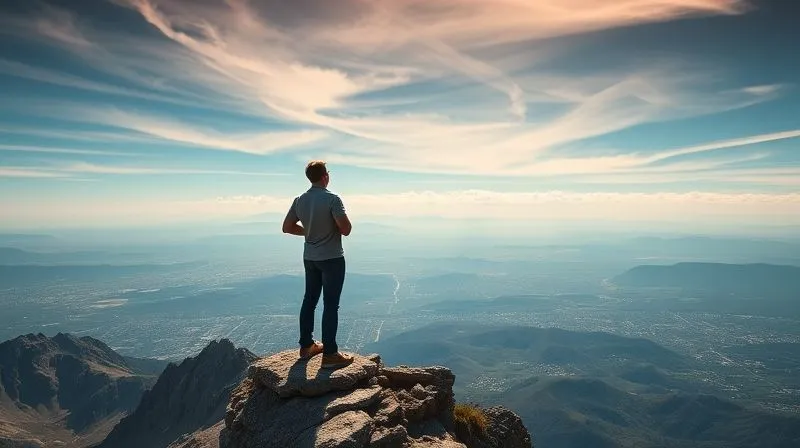 A photorealistic image of a visionary freelancer standing on a mountain peak, looking out over a vast, thriving landscape representing a scaled business empire. The freelancer is in a confident, leadership pose, with cinematic lighting, a dramatic sky, sharp focus on the figure, depth of field blurring the distant landscape, 8K hyper-detailed, professional photography, shot on a high-end DSLR.