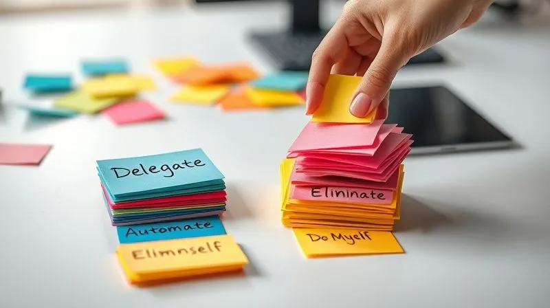 A photorealistic, professional photography, 8K, cinematic lighting, sharp focus, depth of field, shot on a high-end DSLR, of a person's hand sorting various colored sticky notes (representing tasks) into different piles labeled 'Delegate', 'Automate', 'Eliminate', and 'Do Myself', on a clean, minimalist desk.