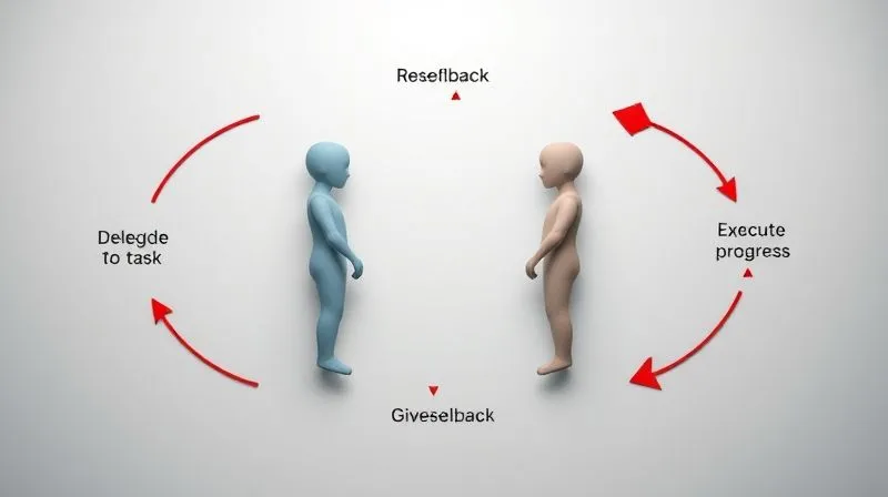 A photorealistic image of a feedback loop diagram, with arrows indicating continuous communication between two people (metaphorically represented by abstract figures), showing stages like 'Delegate Task', 'Provide Resources', 'Execute Task', 'Review Progress', 'Give Feedback', 'Adjust & Improve'. Cinematic lighting, sharp focus, 8K hyper-detailed, professional photography.