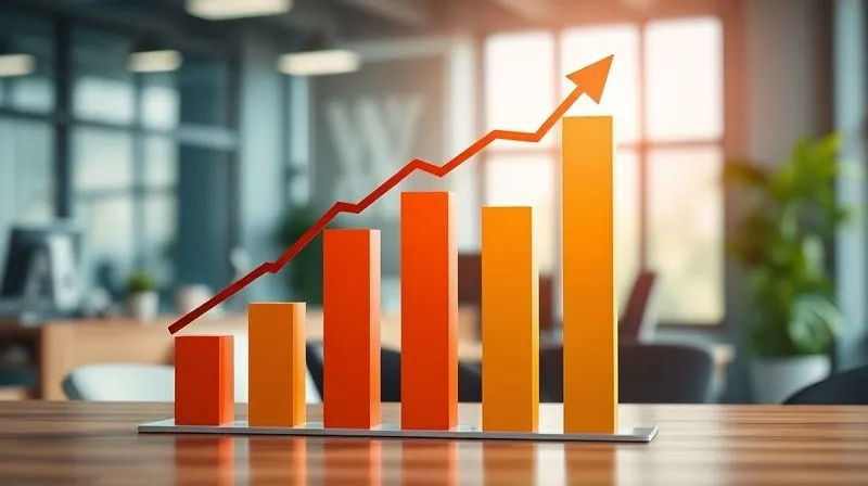 A photorealistic, professional photography, 8K, cinematic lighting, sharp focus, depth of field, shot on a high-end DSLR, of a vibrant, upward-trending bar chart overlaid on a serene office background, symbolizing business growth and strategic focus. The bars are clearly labeled 'Revenue', 'Client Satisfaction', 'Innovation Rate'.