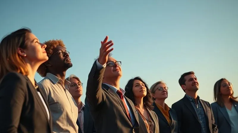A photorealistic, professional photography, 8K, cinematic lighting, sharp focus, depth of field, shot on a high-end DSLR, of a diverse group of professionals looking up at a distant, clear horizon, symbolizing a shared vision and strategic direction. The leader is subtly guiding with an open gesture, fostering trust and collaboration.