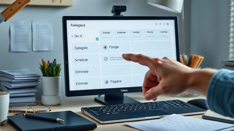 A photorealistic image of a freelancer's desk, neatly organized with a digital task management board on a screen showing tasks categorized into 'Do It', 'Delegate', 'Schedule', 'Eliminate'. A hand is pointing to the 'Delegate' column, cinematic lighting, sharp focus, 8K hyper-detailed, shot on a high-end DSLR.