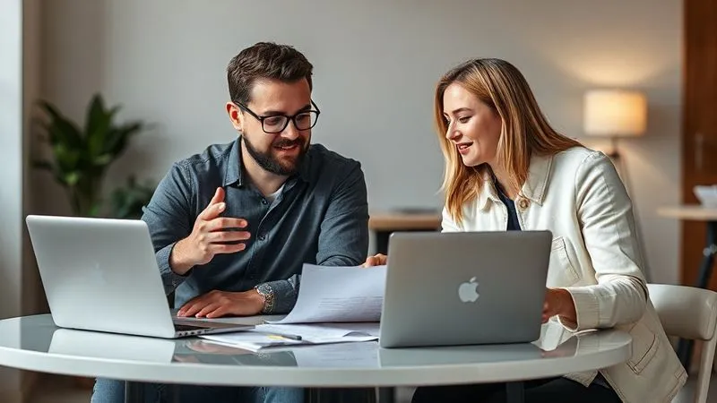 A photorealistic image of two people, a freelancer and a collaborator, sitting at a table with a laptop, engaged in a clear and open discussion. They are looking at a shared digital document, with gestures indicating understanding and collaboration. Cinematic lighting, sharp focus on their expressions, 8K hyper-detailed, shot on a high-end DSLR.