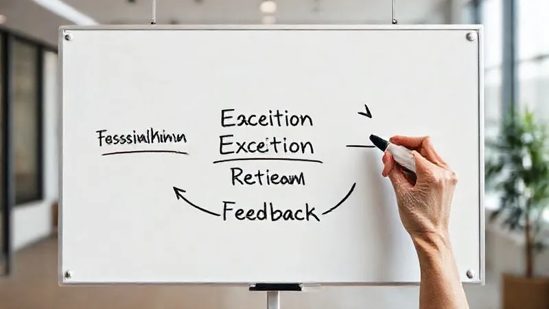 A photorealistic image of a feedback loop diagram, with arrows indicating continuous flow between 'Task Assignment', 'Execution', 'Review', and 'Feedback'. The diagram is presented on a minimalist whiteboard in a modern office, with a hand holding a marker, cinematic lighting, sharp focus, 8K hyper-detailed, shot on a high-end DSLR.