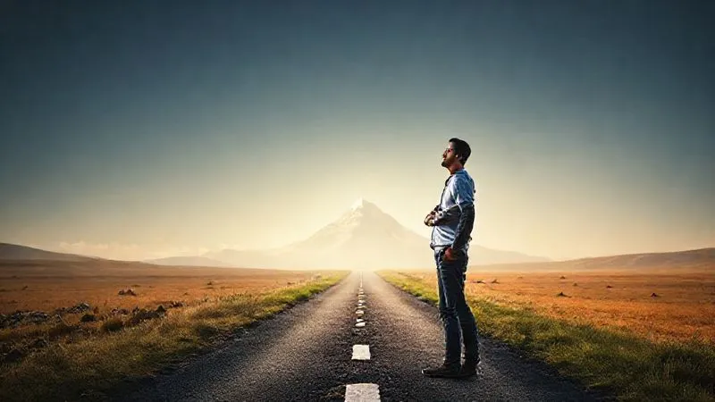 A photorealistic image of a freelancer standing confidently at a crossroads, one path leading to "Overwhelm" (dark, cluttered), and the other to "Growth &amp; Freedom" (bright, open, with a distant mountain peak symbolizing achievement). The freelancer is looking towards the bright path with a determined smile, cinematic lighting, sharp focus, 8K hyper-detailed, shot on a high-end DSLR.