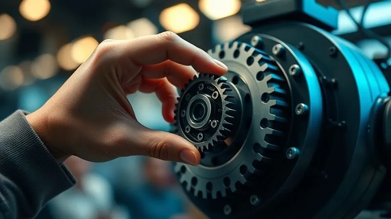 A photorealistic image of a single, well-maintained hand holding a small, intricate gear that perfectly fits into a larger, complex machine, symbolizing strategic placement and amplified effort. The background is a blurred, dynamic representation of a busy freelance workflow, with light trails. Cinematic lighting, sharp focus on the hand and gears, depth of field, 8K hyper-detailed, shot on a high-end DSLR.