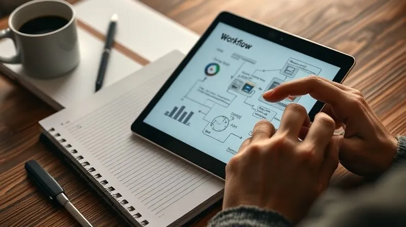 A photorealistic close-up of a freelancer's hands meticulously documenting a workflow on a tablet, surrounded by a notebook with bullet points and a coffee cup. The screen shows a detailed flowchart or a step-by-step guide. Cinematic lighting, sharp focus on the hands and tablet, depth of field, 8K hyper-detailed, shot on a high-end DSLR.