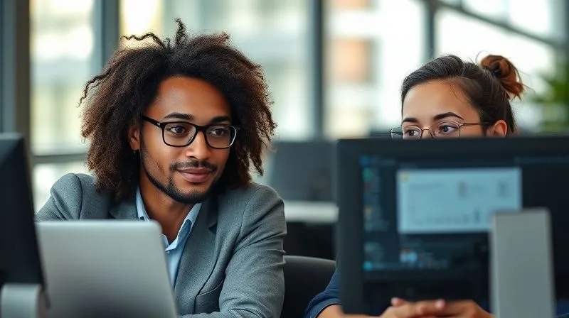 A photorealistic image of two diverse professionals (one male, one female) engaged in a focused video call, their faces showing active listening and thoughtful expressions. On their screens, a shared document or project management tool is visible. The setting is modern and professional, with soft, natural light. Cinematic lighting, sharp focus on their expressions, depth of field blurring the background, 8K hyper-detailed, shot on a high-end DSLR.